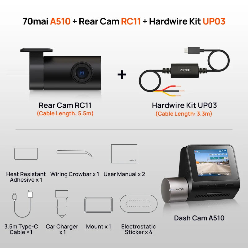 70mai A510 Dash Camera + RC11 Rear Camera + UP03 Set – Car