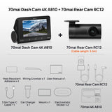70mai A810 4K HDR + RC12 Rear HDR Dash Cam + 4G Hardwire Kit - Car Wireless Mobile Phone Chargers